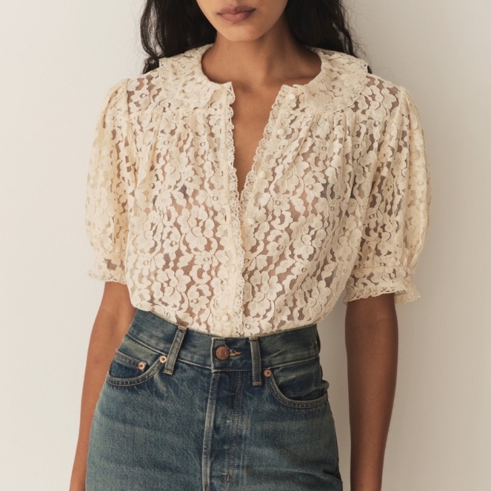 Doen Lenore Lace Collar Button Ruffle Short Sleeve Top Mother of Pearl Cream Tan - Picture 6 of 13